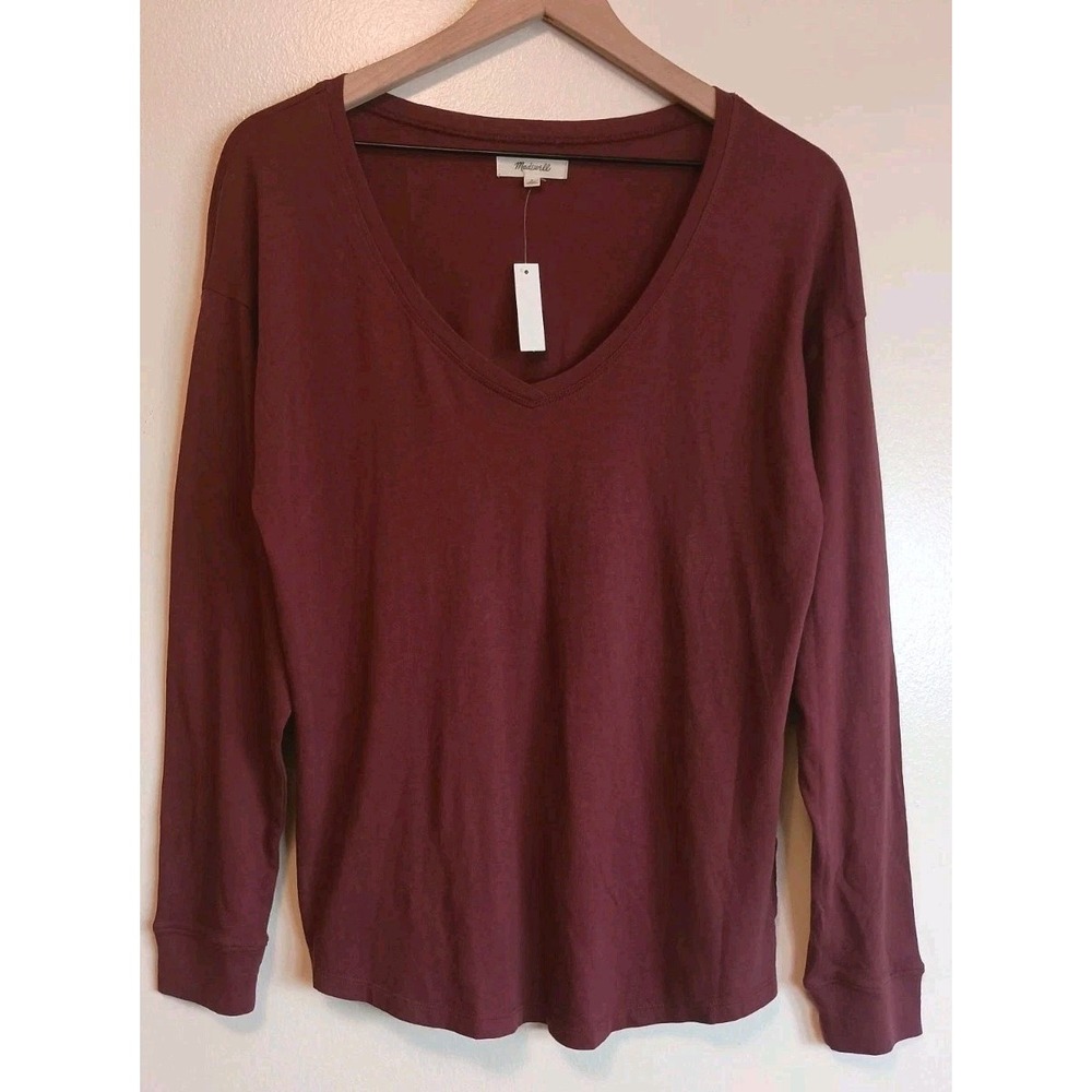 Madewell Women's Small Burgundy V Neck Long Sleeve Cotton Tee NWT Relaxed Fit